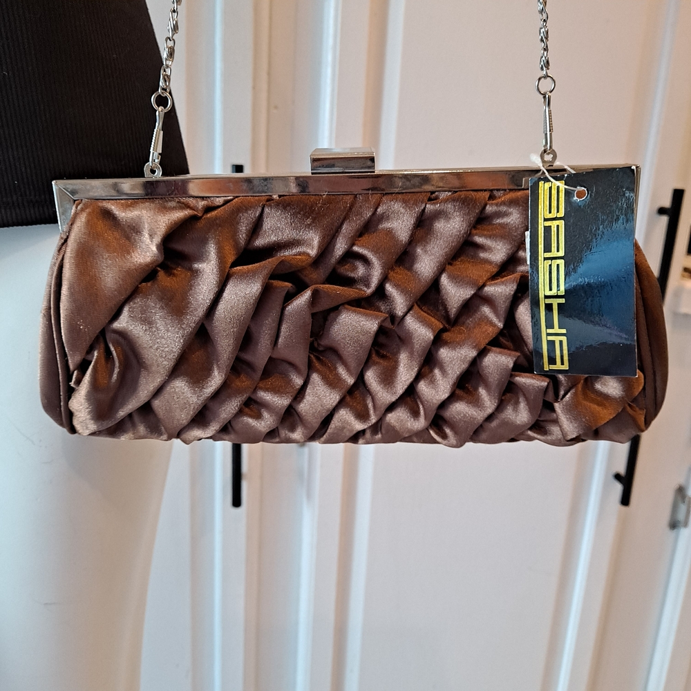 Sasha Handbag Of NY Bronze Ruffled Satin Clutch